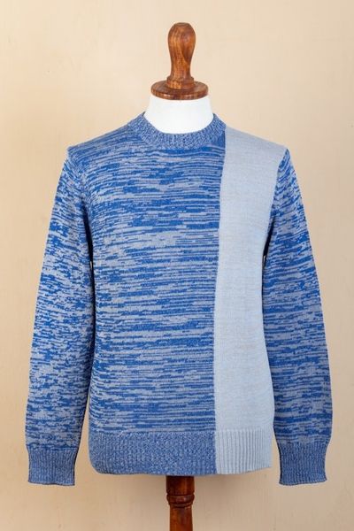 Alternate image for Knit Blue Beige Cotton Sweater for Men Made in Peru Sky Blue