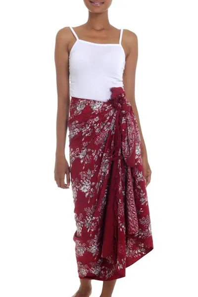 Alternate image for Red Floral Rayon Sarong with Hand Stamped Batik Pattern Tropical Garden in Claret