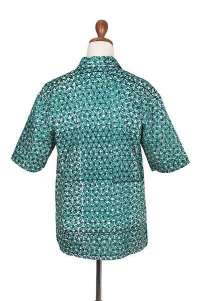 Alternate image for Geometric Batik Cotton Shirt in Green and Black Hues Viridian Gallant