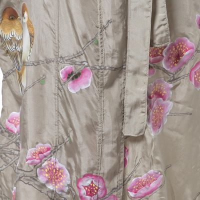 Alternate image for Hand-Painted Silk Robe with Floral Motif Sakura Blossoms