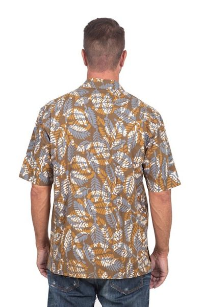 Alternate image for Mens Short-Sleeved Brown Cotton Batik Shirt from Bali Brown Leaf Shadows