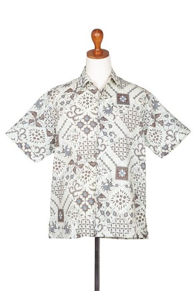 Alternate image for Handmade Mens Cotton Batik Shirt with Balinese Motifs Javanese Batik
