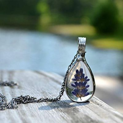 Alternate image for Teardrop Lavender Flower Glass Pendant Necklace