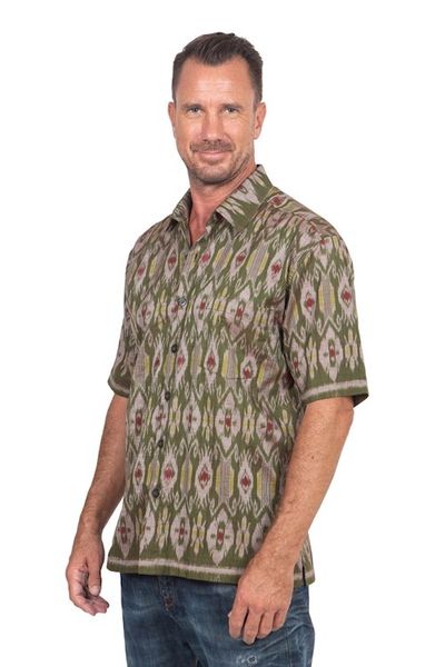Alternate image for Hand Woven Mens Short Sleeved Cotton Shirt Green Summer