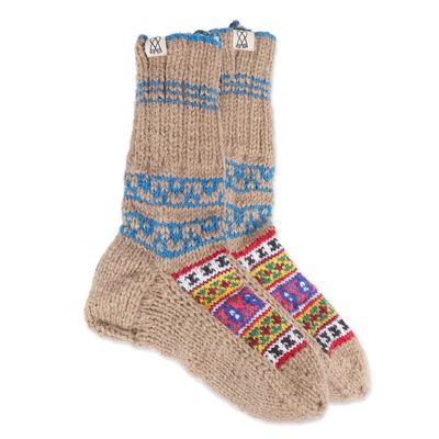Alternate image for Hand-Knit Geometric Patterned Thick Slipper Style Socks Chai Tea