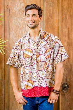 Image for Mens Short Sleeve Cotton Batik Button Shirt with Pocket Island Classic