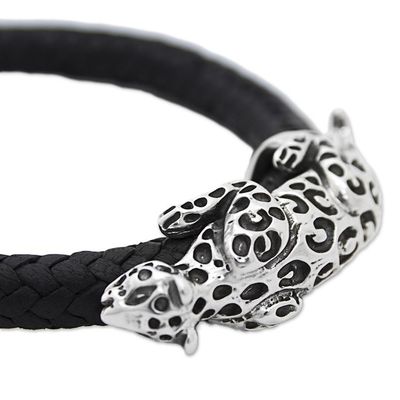 Alternate image for Hand Made Leather Sterling Silver Braided Bracelet Mexico Life of the Jaguar