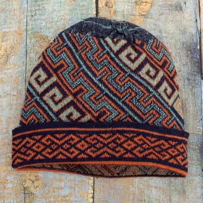Primary image for Unisex 100 Baby Alpaca Knit Hat in Aqua and Orange Andean Style