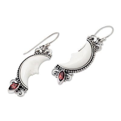 Alternate image for Garnet and Silver Crescent Moon Dangle Earrings from Bali Natural Moonlight