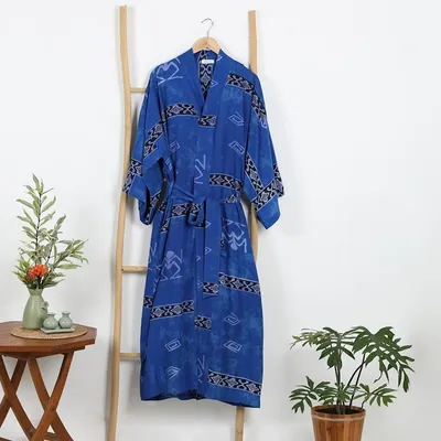 Alternate image for Hand Crafted Womens Batik Blue Patterned Robe Deep Blue Sea