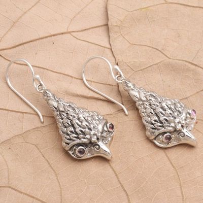 Alternate image for Amethyst and Sterling Silver Owl Dangle Earrings All Knowing