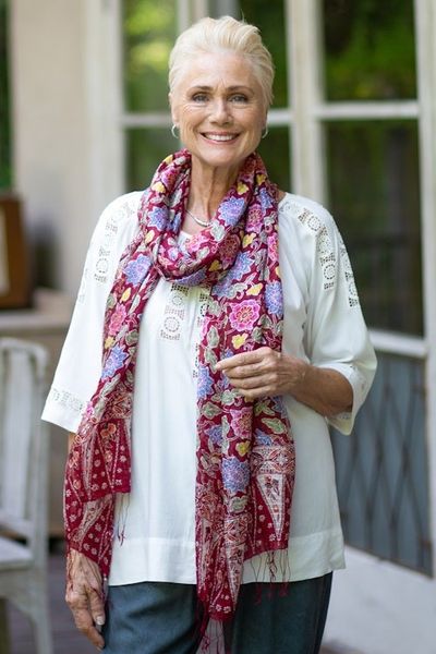 Alternate image for Artisan Crafted Batik Silk Shawl Wrap Wine Garden