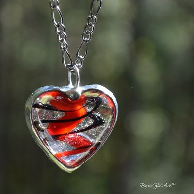 Alternate image for Swirled Fused Glass Heart Necklace, Red and Black Heart Pendant