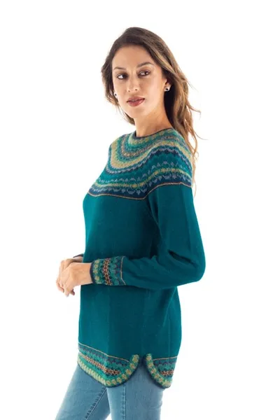 Alternate image for Teal Blue 100 Alpaca Pullover Patterned Peruvian Sweater Playful Teal