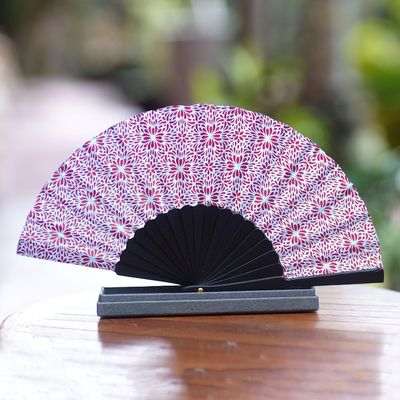 Primary image for Unique Silk Batik Fan with Floral Print Aster Blue