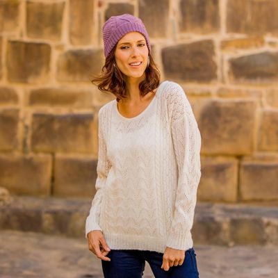 Primary image for Cable Knit Baby Alpaca Blend Pullover in Ivory from Peru Warm Charm