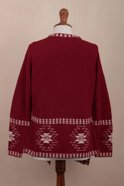 Alternate image for Red Alpaca Wool Cardigan with White Glyph Stars from Peru Glyph Stars