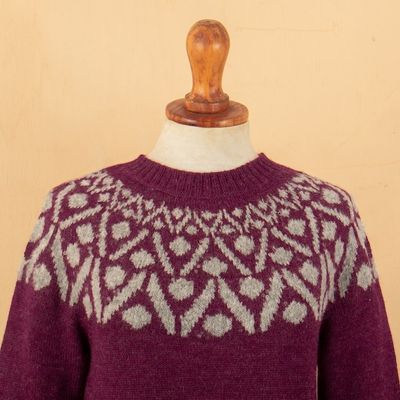 Alternate image for Geometric Burgundy and Grey 100 Alpaca Pullover Sweater Burgundy Geometry