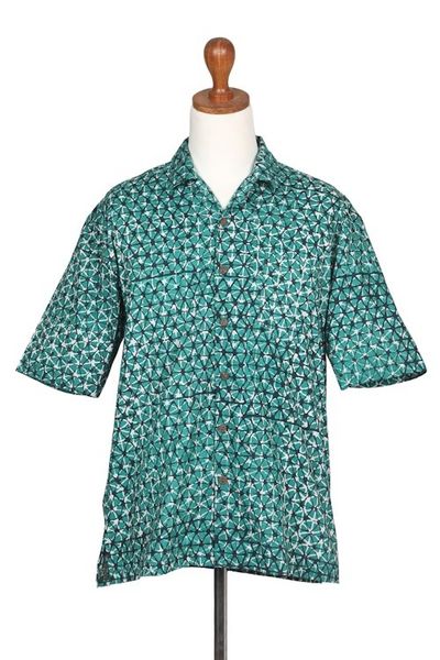 Alternate image for Geometric Batik Cotton Shirt in Green and Black Hues Viridian Gallant