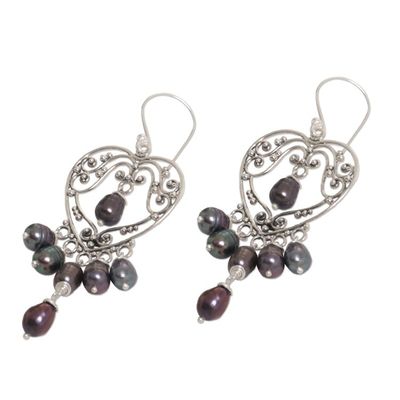 Alternate image for Sterling Silver Pearl Heart Shaped Earrings Heart Symphony in Black