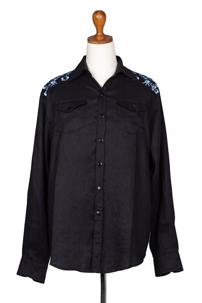 Alternate image for Mens Linen Shirt with Handmade Floral Embroidered Details Coal Garden