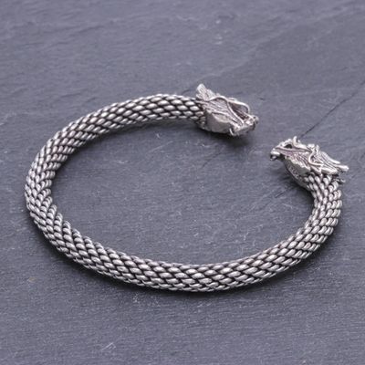 Alternate image for Dragon Themed Unisex Sterling Silver Cuff Bracelet Double Dragons