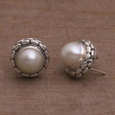 Alternate image for Cultured Pearl and Sterling Silver Button Earrings from Bali Temple Domes