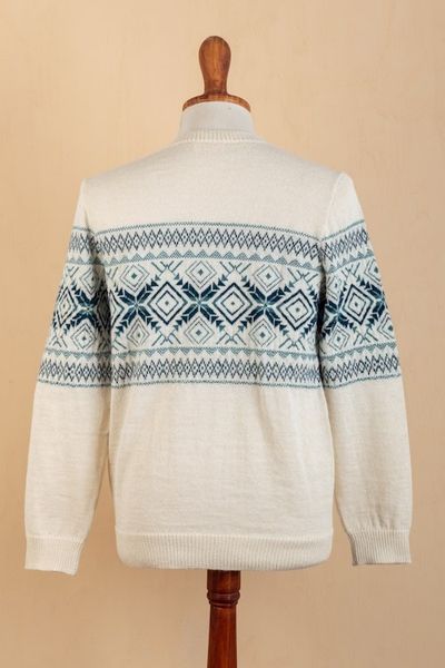 Alternate image for 100 Alpaca Mens Pullover Sweater with Geometric Design Clouds in the Andes