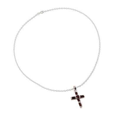 Alternate image for Garnet and Sterling Silver Cross Necklace from India Deep Crimson Cross