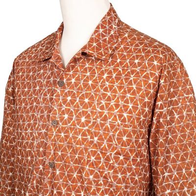 Alternate image for Russet and Salamander Geometric Batik Cotton Shirt for Men Denpasar Gentleman in Russet