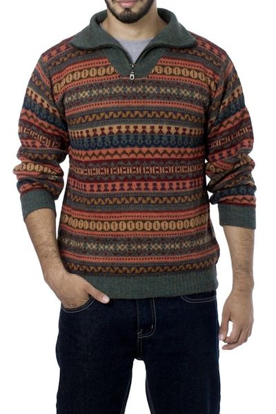 Alternate image for Mens Fair Trade Alpaca Art Knit Pullover Sweater Mountain Sunset