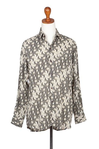 Alternate image for Mens Dark Grey on Pale Yellow Print Rayon Long Sleeve Shirt Parang Chic