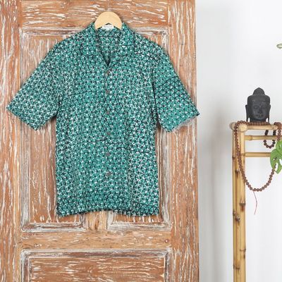Primary image for Geometric Batik Cotton Shirt in Green and Black Hues Viridian Gallant