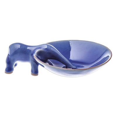 Alternate image for Elephant-Themed Blue Ceramic Incense Holder from Thailand Sipping Elephant