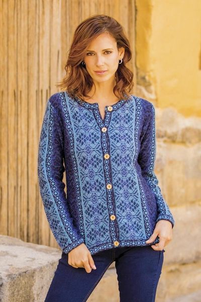 Alternate image for Handcrafted Floral Alpaca Wool Art Knit Cardigan Blue Andean Poinsettia