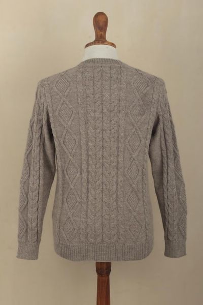 Alternate image for Mens Mushroom Brown 100 Alpaca Cable Knit Pullover Sweater Mushroom Brown Geometry