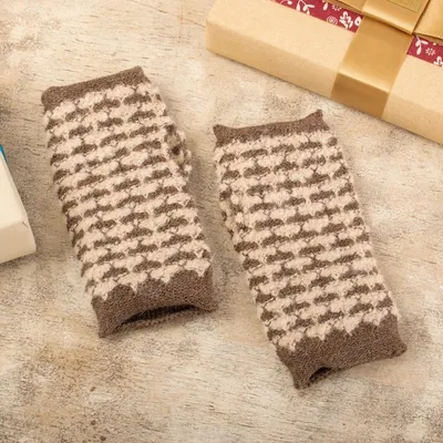 Primary image for Square-Pattern Ivory and Taupe Alpaca Blend Fingerless Mitts Evening Squares