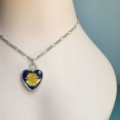 Alternate image for Blue Stained Glass Heart Necklace for Women, Real Pressed Flower Sunflower, Artisan Hand Crafted Jewelry