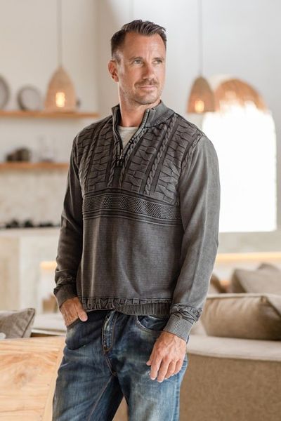 Alternate image for Mens Stone Washed Cotton Pullover Sweater Stylish in Charcoal