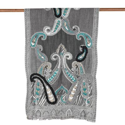 Alternate image for Hand-Embroidered Wool Shawl with Turquoise Details Caribbean Paisley