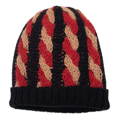 Alternate image for Cable Knit Alpaca Blend Hat in Black and Red Hues Braided Red