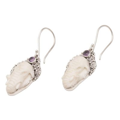 Alternate image for Amethyst Elephant Dangle Earrings with Carved Bone Elephant Grandeur