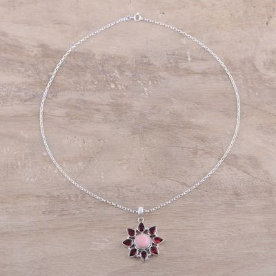 Alternate image for Pink Opal and Garnet Sterling Silver Flower Necklace Glowing Flower