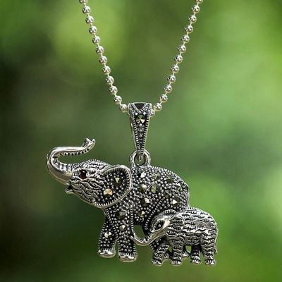 Alternate image for Garnet and Marcasite Elephant Pendant Necklace from Thailand Glistening Elephants