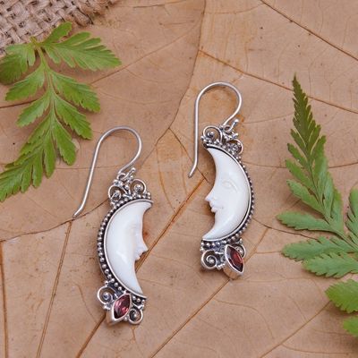 Alternate image for Garnet and Silver Crescent Moon Dangle Earrings from Bali Natural Moonlight