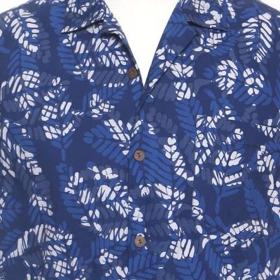 Alternate image for Mens Short-Sleeved Blue Cotton Batik Shirt from Bali Blue Leaf Shadows