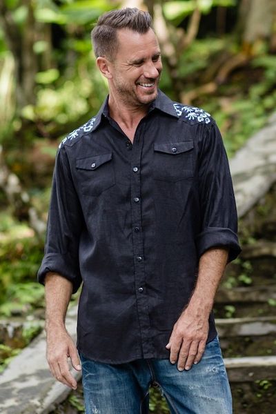 Primary image for Mens Linen Shirt with Handmade Floral Embroidered Details Coal Garden
