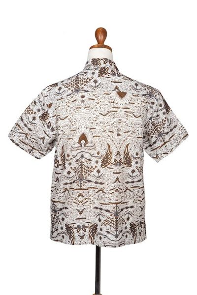 Alternate image for Mens Brown  White Short Sleeve Cotton Batik Button Shirt Continuous Love