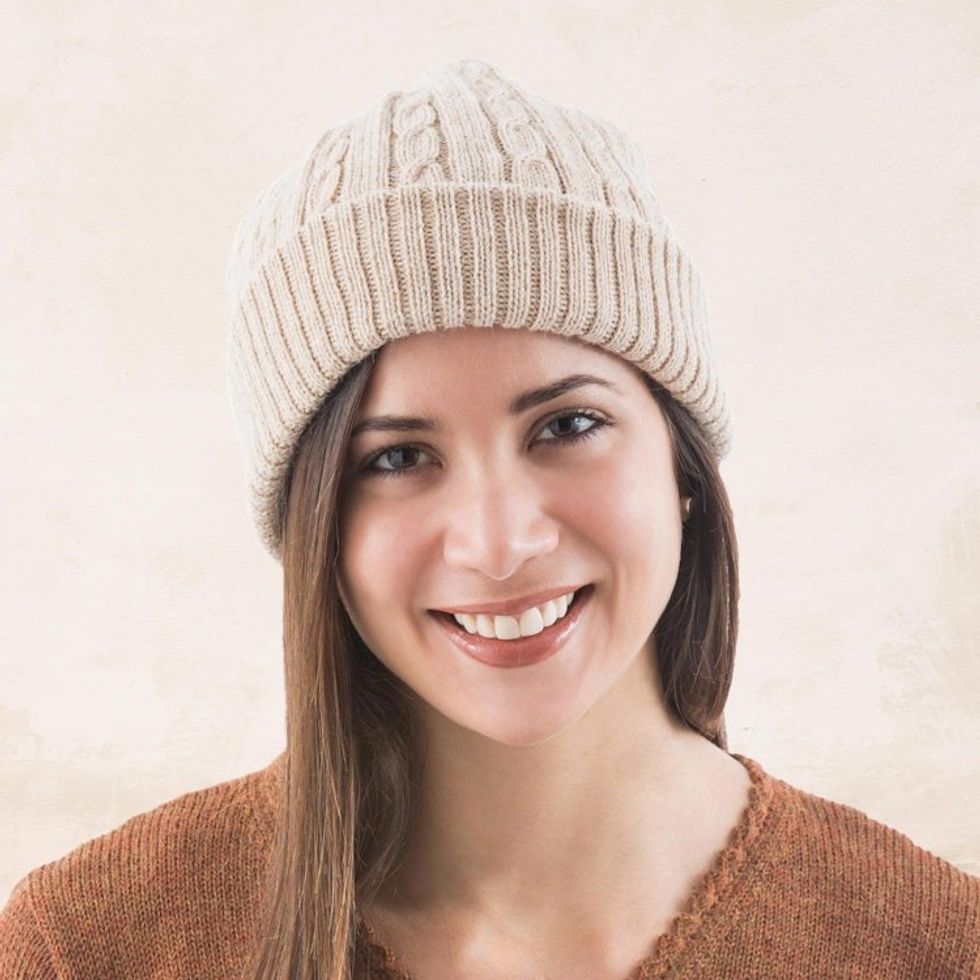 Unique Womens Alpaca Wool Solid Knit Hat 'Tan Mountain Roads'