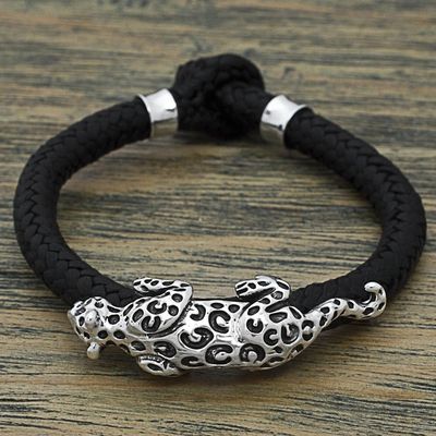 Alternate image for Hand Made Leather Sterling Silver Braided Bracelet Mexico Life of the Jaguar
